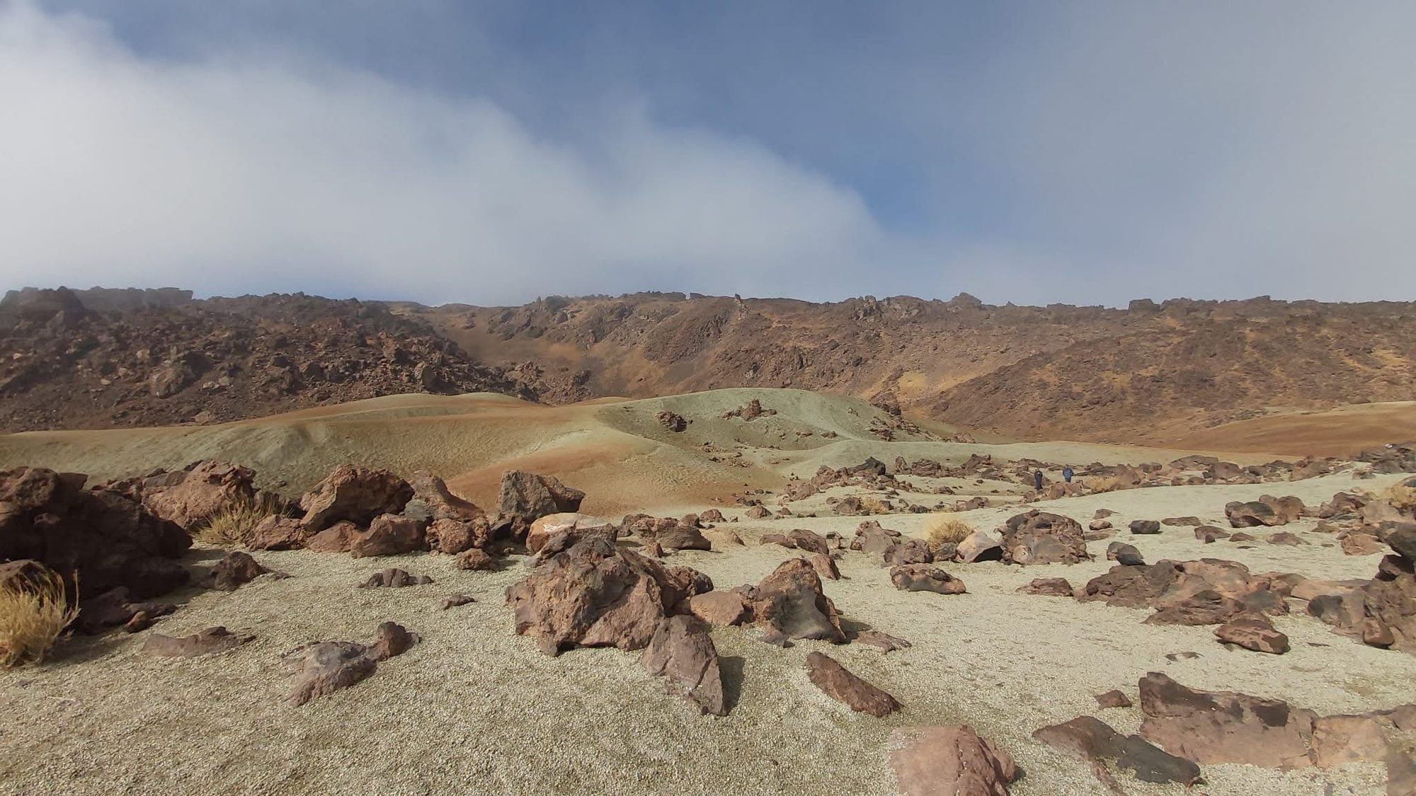 Paisaje volcánico con rocas marrones, colinas de tonos verdosos y cielo parcialmente nublado.